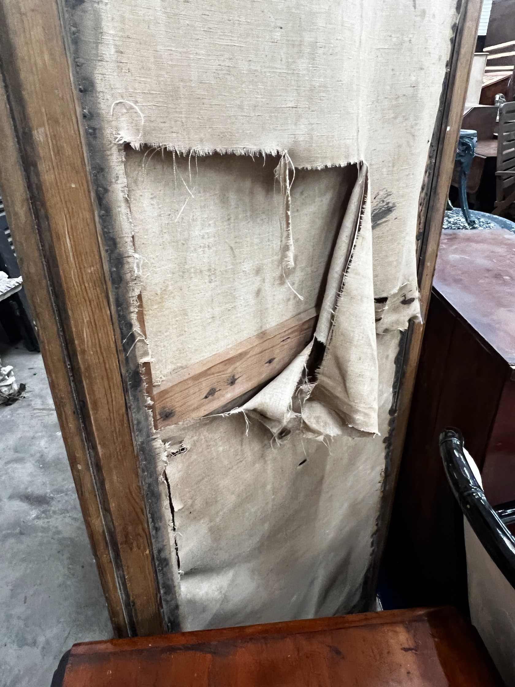 A Victorian pine and beech four fold dressing screen, in need of re-upholstery, each panel width 70cm height 194cm